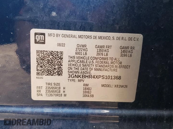 2023 Chevrolet Blazer LT with VIN 3GNKBHR4XPS101368, listed as a Copart auction lot 58520625 with 22,155 mi miles and Salvage title. Bid and sale history available at DreamBid. Image 12.