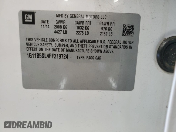 2015 Chevrolet Malibu LS with VIN 1G11B5SL4FF219724, listed as a Copart auction lot 52185685 with 118,567 mi miles and Salvage Title. Bid and sale history available at DreamBid. Image 12.