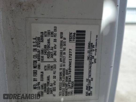 1997 Ford F-150 с VIN 1FTDX1769VNC17277, выставлен на аукционе Copart как лот 59754995 с пробегом 190 116 миль миль и Списание • Salvage title. История ставок и продаж доступна на DreamBid. Изображение 12.