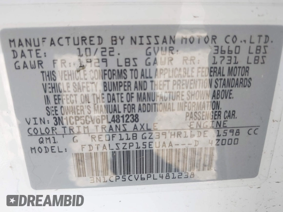 2023 Nissan Kicks SV with VIN 3N1CP5CV6PL481238, listed as a IAAI auction lot 42014768 with 28,555 mi miles and . Bid and sale history available at DreamBid. Image 9.