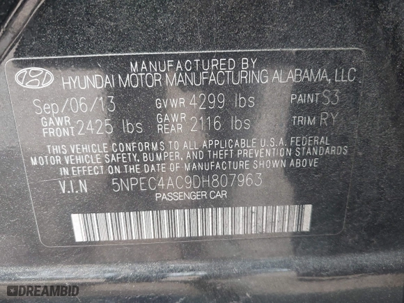 2013 Hyundai Sonata SE with VIN 5NPEC4AC9DH807963, listed as a IAAI auction lot 41971858 with 117,037 mi miles. Bid and sale history available at carsss.com. Image 9.