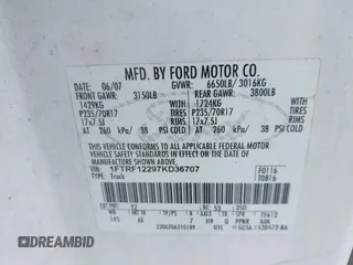 2007 Ford F-150 XL with VIN 1FTRF12297KD36707, listed as a IAAI auction lot 42443521 with 157,730 mi miles and . Bid and sale history available at DreamBid. Image 9.