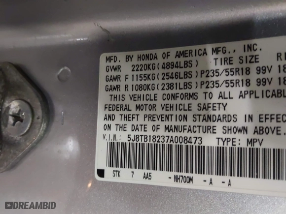 2007 Acura RDX with VIN 5J8TB18237A008473, listed as a IAAI auction lot 41555769 with 129,373 mi miles. Bid and sale history available at carsss.com. Image 9.