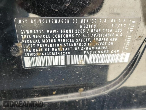 2013 Volkswagen Jetta SE z VIN 3VWDX7AJ3DM244240, wystawiony jako Copart lot #56669035 z przebiegiem 200 108 mil mil oraz Szkoda całkowita • Salvage title. Historia ofert i sprzedaży dostępna na DreamBid. Obrazek 12.