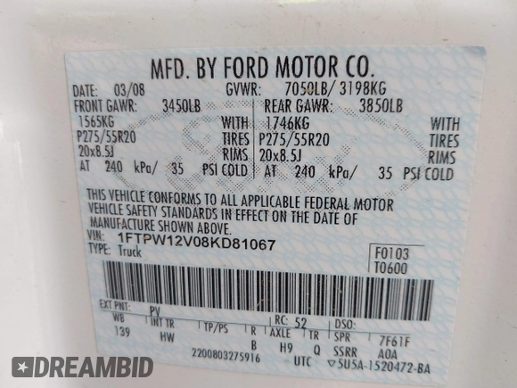 2008 Ford F-150 XLT z VIN 1FTPW12V08KD81067, wystawiony jako IAAI lot #41575888 z przebiegiem 137 715 mil mil oraz . Historia ofert i sprzedaży dostępna na DreamBid. Obrazek 9.