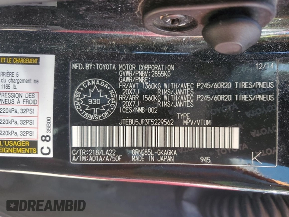 2015 Toyota 4Runner Limited with VIN JTEBU5JR3F5229562, listed as a Copart auction lot 53335315 with 167,235 mi miles and Clean Title. Bid and sale history available at DreamBid. Image 13.