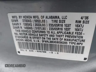 2006 Honda Odyssey EX-L with VIN 5FNRL386X6B096285, listed as a IAAI auction lot 41867716 with 215,284 mi miles. Bid and sale history available at carsss.com. Image 9.