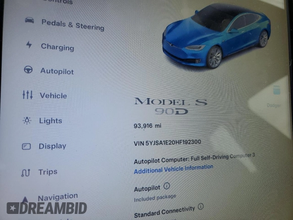 2017 Tesla Model S 100D z VIN 5YJSA1E20HF192300, wystawiony jako Copart lot #52931815 z przebiegiem 93 916 mil mil oraz Szkoda całkowita • Salvage title. Historia ofert i sprzedaży dostępna na DreamBid. Obrazek 9.