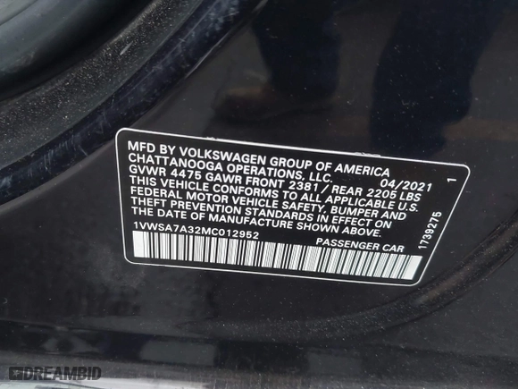 2021 Volkswagen Passat 2.0T SE with VIN 1VWSA7A32MC012952, listed as a IAAI auction lot 41370840 with 71,141 mi miles. Bid and sale history available at carsss.com. Image 9.
