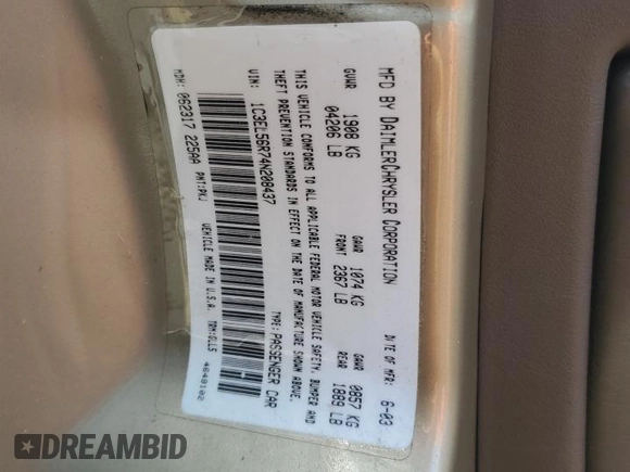 2004 Chrysler Sebring Touring with VIN 1C3EL56R74N208437, listed as a Copart auction lot 66997364 with 45,846 mi miles and Salvage title. Bid and sale history available at DreamBid. Image 12.