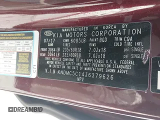 2018 Kia Sedona EX with VIN KNDMC5C14J6379626, listed as a IAAI auction lot 41774979 with 58,710 mi miles. Bid and sale history available at carsss.com. Image 9.