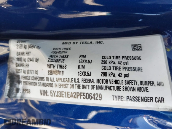 2023 Tesla Model 3 z VIN 5YJ3E1EA2PF506429, wystawiony jako IAAI lot #42320628 z przebiegiem Nie podano mil oraz . Historia ofert i sprzedaży dostępna na DreamBid. Obrazek 9.