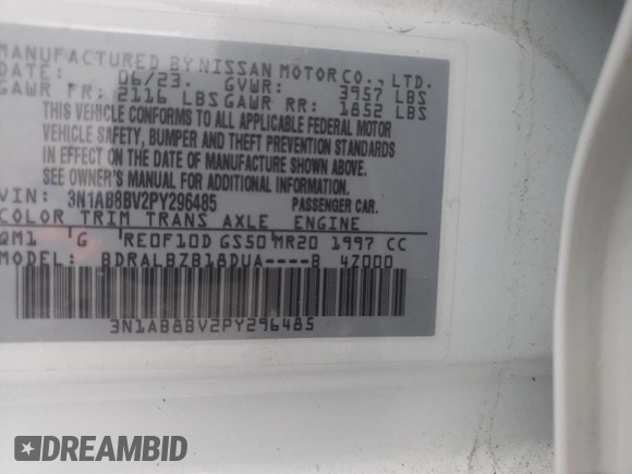 2023 Nissan Sentra S z VIN 3N1AB8BV2PY296485, wystawiony jako Copart lot #89249585 z przebiegiem 4 167 mil mil oraz Nie do naprawy • Non repairable. Historia ofert i sprzedaży dostępna na DreamBid. Obrazek 14.