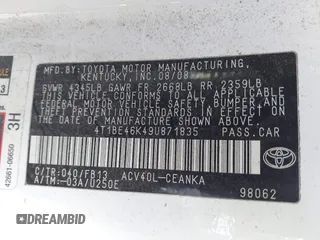 2009 Toyota Camry with VIN 4T1BE46K49U871835, listed as a IAAI auction lot 41584903 with 199,670 mi miles and . Bid and sale history available at DreamBid. Image 9.