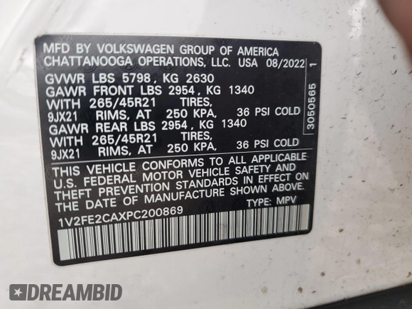 2023 Volkswagen Atlas SEL Premium R-Line with VIN 1V2FE2CAXPC200869, listed as a Copart auction lot 50109995 with 55,710 mi miles and Salvage title. Bid and sale history available at DreamBid. Image 12.