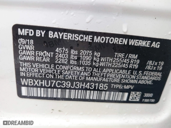 2018 BMW X1 sDrive28i with VIN WBXHU7C39J3H43185, listed as a IAAI auction lot 41798183 with 51,666 mi miles. Bid and sale history available at carsss.com. Image 9.