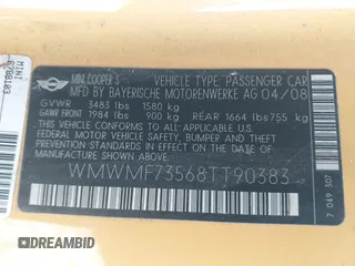 2008 MINI Hardtop S with VIN WMWMF73568TT90383, listed as a IAAI auction lot 42211410 with 98,055 mi miles and . Bid and sale history available at DreamBid. Image 9.