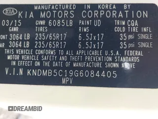2016 Kia Sedona LX with VIN KNDMB5C19G6084405, listed as a IAAI auction lot 41211452 with 88,783 mi miles. Bid and sale history available at carsss.com. Image 9.