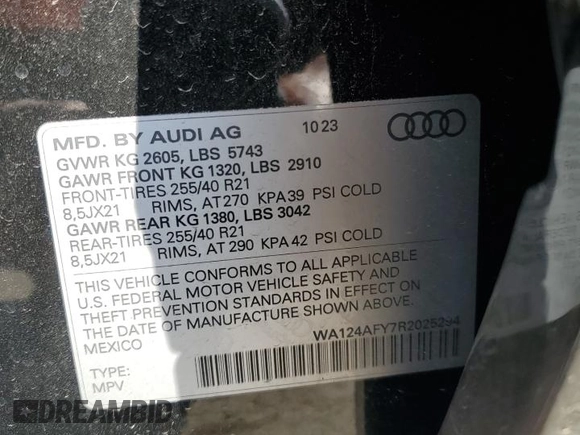 2024 Audi SQ5 Sportback Premium Plus with VIN WA124AFY7R2025294, listed as a Copart auction lot 67864824 with 2,776 mi miles and Salvage title. Bid and sale history available at DreamBid. Image 13.