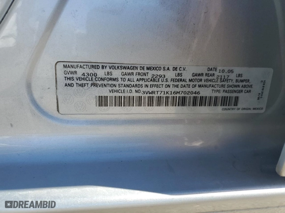 2006 Volkswagen Jetta Sedan 1.9L TDI with VIN 3VWRT71K16M702046, listed as a Copart auction lot 44821755 with 153,060 mi miles and Salvage Title. Bid and sale history available at carsss.com. Image 12.