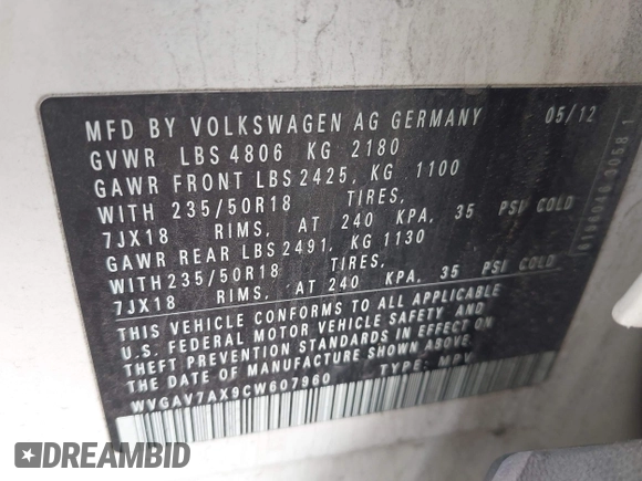 2012 Volkswagen Tiguan SE with VIN WVGAV7AX9CW607960, listed as a IAAI auction lot 42679977 with 106,335 mi miles and . Bid and sale history available at DreamBid. Image 9.