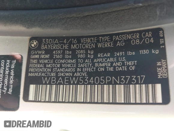 2005 BMW 3 Series 330xi с VIN WBAEW53405PN37317, выставлен на аукционе IAAI как лот 42544009 с пробегом 111 964 миль миль и . История ставок и продаж доступна на DreamBid. Изображение 9.
