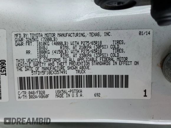 2014 Toyota Tundra SR5 z VIN 5TFDY5F10EX357491, wystawiony jako Copart lot #51216355 z przebiegiem 298 528 mil mil oraz Szkoda całkowita • Salvage title. Historia ofert i sprzedaży dostępna na DreamBid. Obrazek 12.