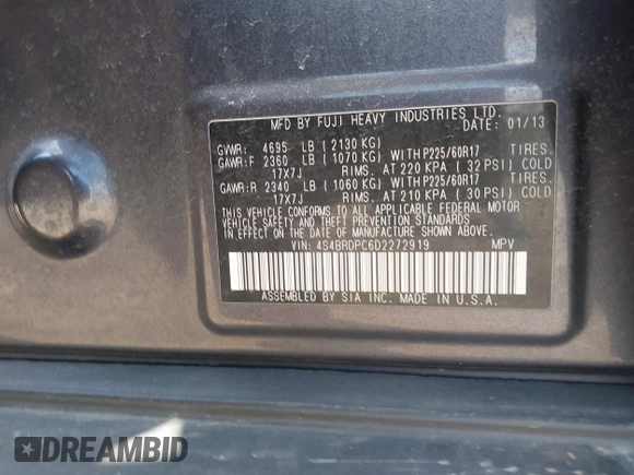 2013 Subaru Outback Limited with VIN 4S4BRDPC6D2272919, listed as a IAAI auction lot 42049089 with 113,000 mi miles and . Bid and sale history available at DreamBid. Image 9.