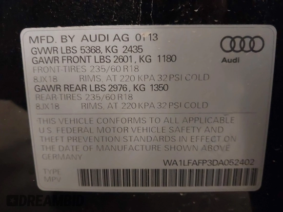 2013 Audi Q5 Premium Plus with VIN WA1LFAFP3DA052402, listed as a IAAI auction lot 42023936 with 154,383 mi miles and . Bid and sale history available at DreamBid. Image 9.