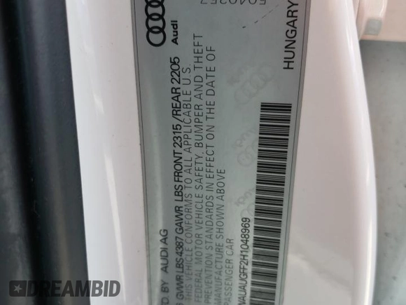 2017 Audi A3 Sedan Premium with VIN WAUAUGFF2H1048969, listed as a Copart auction lot 62466513 with 86,085 mi miles. Bid and sale history available at carsss.com. Image 12.