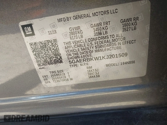 2019 Buick Enclave Essence with VIN 5GAERBKW1KJ201509, listed as a IAAI auction lot 41355665 with 85,047 mi miles and . Bid and sale history available at carsss.com. Image 9.