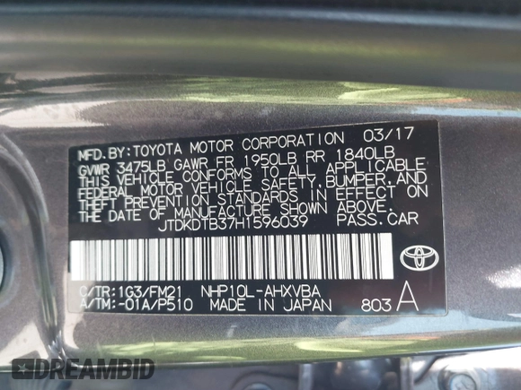 2017 Toyota Prius One with VIN JTDKDTB37H1596039, listed as a IAAI auction lot 41868009 with 124,585 mi miles and . Bid and sale history available at DreamBid. Image 9.