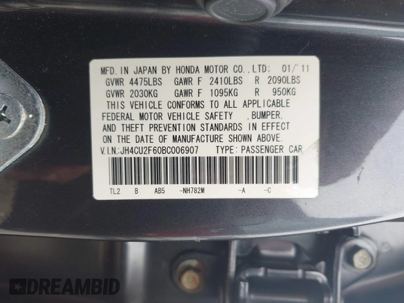 2011 Acura TSX with VIN JH4CU2F60BC006907, listed as a IAAI auction lot 42661570 with 79,673 mi miles and . Bid and sale history available at DreamBid. Image 9.
