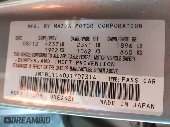 2013 Mazda 3 Mazdaspeed3 Touring with VIN JM1BL1L40D1707314, listed as a IAAI auction lot 42699000 with 143,297 mi miles and . Bid and sale history available at DreamBid. Image 9.