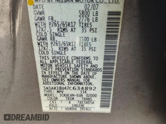 2007 Nissan Pathfinder SE with VIN 5N1AR18U47C634892, listed as a Copart auction lot 85876204 with Not provided miles and Salvage title. Bid and sale history available at DreamBid. Image 12.