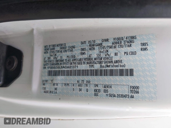 2010 Ford Econoline Passenger XL с VIN 1FBSS3BL6ADA81371, выставлен на аукционе IAAI как лот 41192772 с пробегом 154 886 миль миль и . История ставок и продаж доступна на DreamBid. Изображение 9.