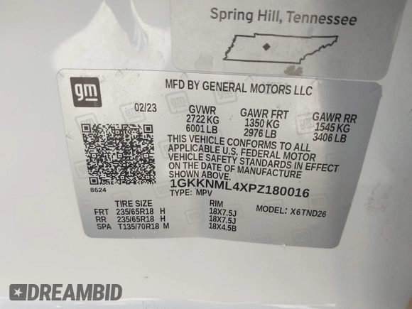 2023 GMC Acadia SLT with VIN 1GKKNML4XPZ180016, listed as a IAAI auction lot 41759086 with 48,631 mi miles and . Bid and sale history available at DreamBid. Image 9.