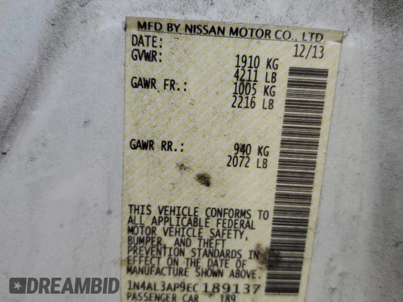 2014 Nissan Altima 2.5 S with VIN 1N4AL3AP9EC189137, listed as a Copart auction lot 53991325 with 144,342 mi miles and Salvage Title. Bid and sale history available at carsss.com. Image 12.