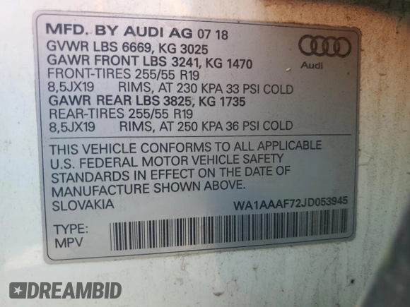 2018 Audi Q7 Premium with VIN WA1AAAF72JD053945, listed as a Copart auction lot 60673375 with 190,963 mi miles and Salvage title. Bid and sale history available at DreamBid. Image 13.