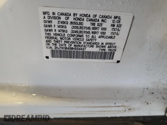 2006 Honda Ridgeline RTS z VIN 2HJYK16456H554437, wystawiony jako Copart lot #56571295 z przebiegiem 127 895 mil mil oraz Szkoda całkowita • Salvage title. Historia ofert i sprzedaży dostępna na DreamBid. Obrazek 12.