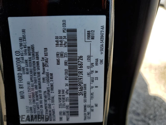 2018 Ford Fusion SE with VIN 3FA6P0T97JR168726, listed as a Copart auction lot 51111205 with 162,179 mi miles and Clean Title. Bid and sale history available at carsss.com. Image 12.