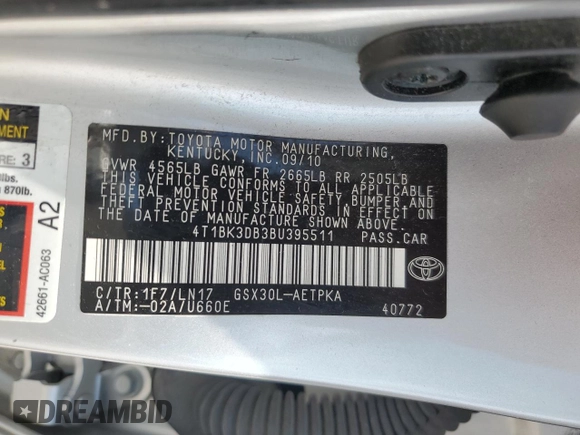 2011 Toyota Avalon with VIN 4T1BK3DB3BU395511, listed as a Copart auction lot 59204995 with 78,585 mi miles and Salvage title. Bid and sale history available at DreamBid. Image 12.
