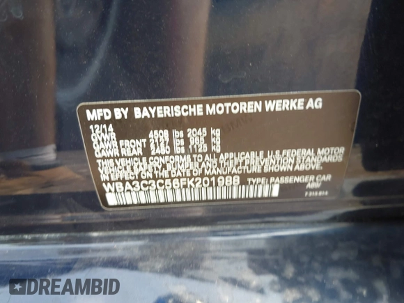2015 BMW 3 Series 320i xDrive with VIN WBA3C3C56FK201988, listed as a IAAI auction lot 42541368 with 85,951 mi miles and . Bid and sale history available at DreamBid. Image 9.