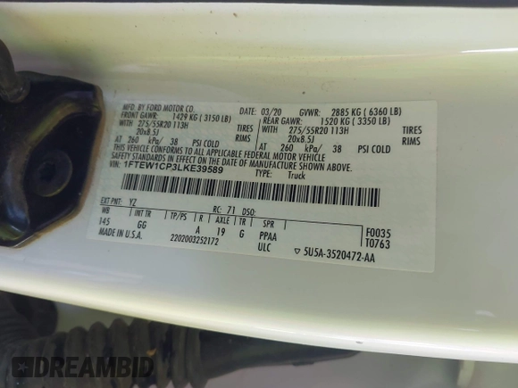 2020 Ford F-150 XL with VIN 1FTEW1CP3LKE39589, listed as a IAAI auction lot 42234449 with 79,371 mi miles and . Bid and sale history available at DreamBid. Image 9.