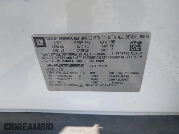 2013 Cadillac SRX Luxury Collection with VIN 3GYFNCE33DS608040, listed as a IAAI auction lot 41912860 with 128,295 mi miles and . Bid and sale history available at DreamBid. Image 9.