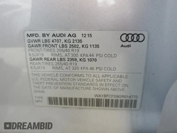 2016 Audi Q3 Premium Plus with VIN WA1BFCFS9GR014772, listed as a Copart auction lot 61780765 with 54,300 mi miles and Clean title. Bid and sale history available at DreamBid. Image 13.