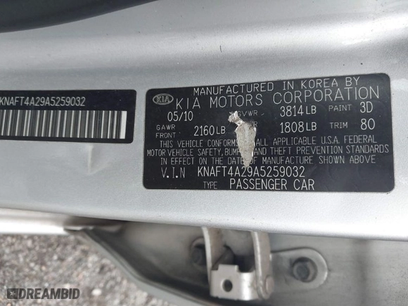 2010 Kia Forte LX with VIN KNAFT4A29A5259032, listed as a IAAI auction lot 41808367 with NaN miles. Bid and sale history available at carsss.com. Image 9.