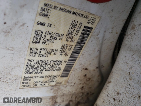 2021 Nissan Titan SV with VIN 1N6AA1EC2MN506607, listed as a Copart auction lot 57905485 with 68,690 mi miles and Salvage title. Bid and sale history available at DreamBid. Image 12.