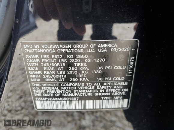 2021 Volkswagen Atlas S with VIN 1V2AP2CAXMC501397, listed as a Copart auction lot 59464084 with 39,181 mi miles and Salvage title. Bid and sale history available at DreamBid. Image 13.