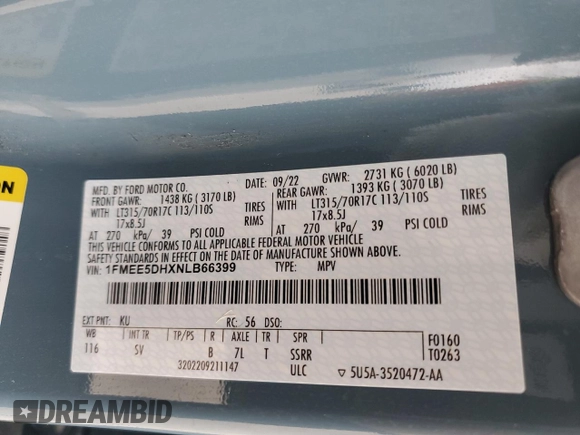 2022 Ford Bronco with VIN 1FMEE5DHXNLB66399, listed as a Copart auction lot 45241165 with 38,140 mi miles and Salvage Title. Bid and sale history available at DreamBid. Image 13.